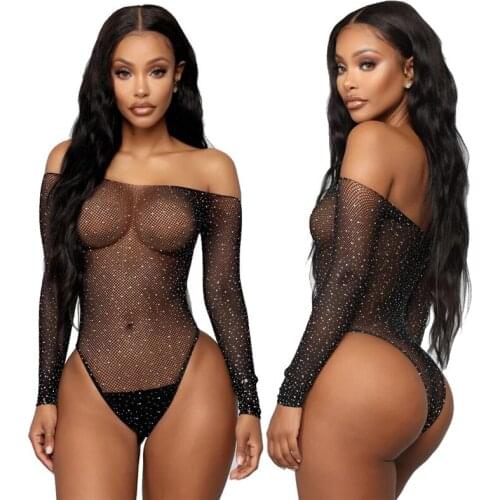 Sexy Women Mesh Fishnet Rhinestone Bodysuit Leotard Tops Ladies Black Hollow Out See Through Jumper Club Clothes
