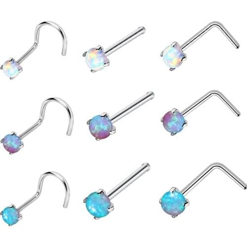 3PCS PER LOT Nose Studs Bone L-Shape Twist Nose Ear Piercing Opal Gem Nostril Srew Earrings Body Jewelry Fashion 20G 0.8*7*2mm