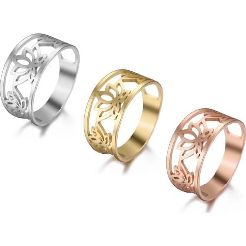 Skyrim Pure Lotus Flower Rings Shiny Stainless Steel Cutout Good Luck Casual Ring Anniversary Jewelry Birthday Gift for Women
