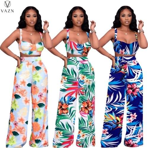 VAZN 2021 Top Quality Sexy Young Age reduction Bohemian Print Top High Waist Long Pants Women 2 Piece Set