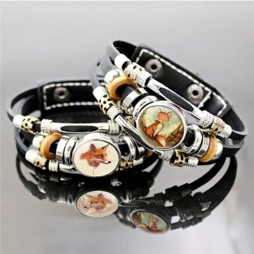 Vintage Punk Multilayer Beaded Leather Bracelet Cute Fox Photo Glass Dome Snap Button Bracelets for Men Women Jewelry 2021
