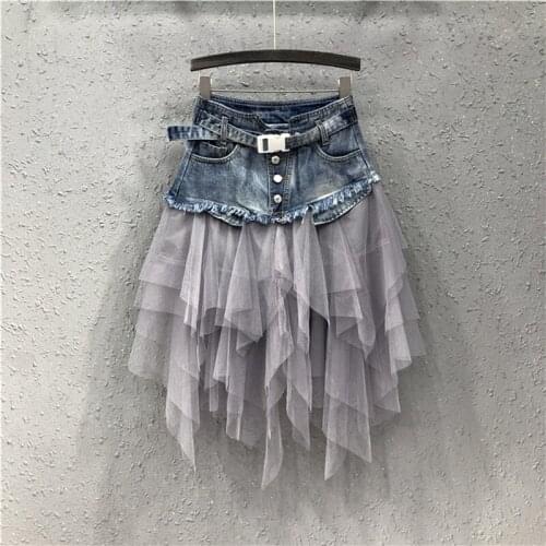 Summer Irregular Jeans Skirts Womens High Waist Tulle Skirt Denim Pleated Midi Skirts Mesh Patchwork Pockets Woman Skirts