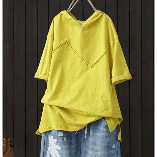 Women Short Sleeve Hooded Casual Tee Shirt Patchwork Femme Tops Plus Size100% Cotton Loose T-Shirt Summer Korea Fashion