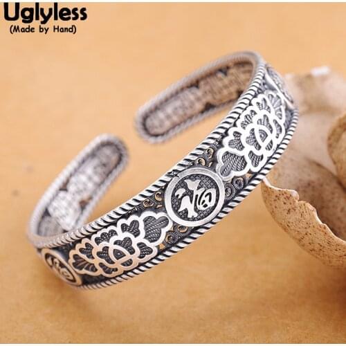 Uglyless Real 999 Pure Silver Peony Flower Bangles Women Vintage Ethnic Thai Silver Floral Open Bangles Fu Chinese Jewelry BA734