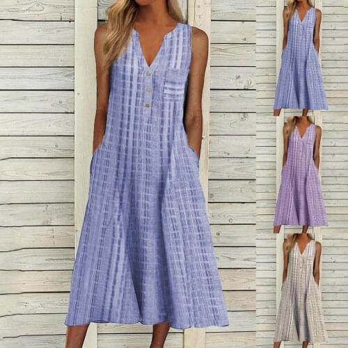 Female Casual Ladies Dresses Summer Women Dress Striped V Neck Temperament Sleeveless Pockets Buttons Dress for Office Dating
