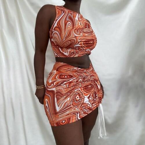 Adogirl Fashion Tie Dye Print Women Drawstring Two Pieces Set Sexy Sleeveless Tank Top + Mini Stacked Skirt Matching Set Clubwea