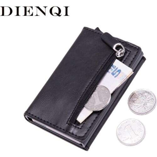 DIENQI Anti Rfid id Card Holder Case Men Leather Metal Wallet Male Coin Purse Women Mini Carbon Credit Card Holder With Zipper