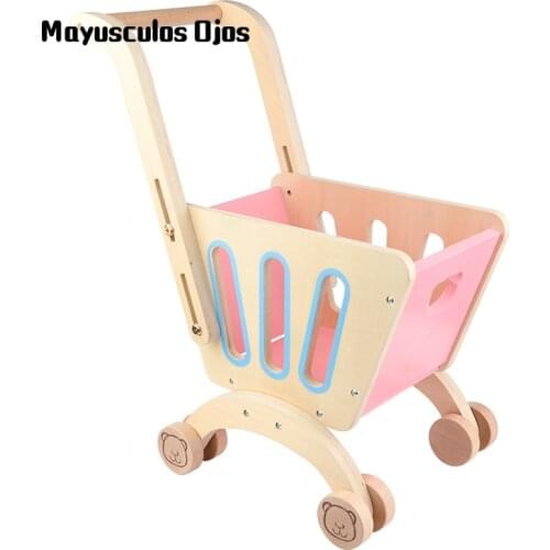 Wooden Childrens Simulation Shopping Cart Toy Girl Supermarket Trolley Mini Play House Toy Set