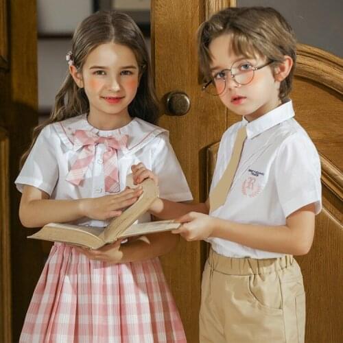 Summer New Toddler Kids Clothing Set 2021 Boys Girls Fashion College Style Suits Lapel White Shirts Plaid Skirts Shorts Baby Set