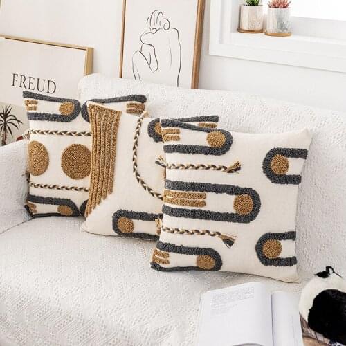 Home Decor Indian Tufted Cushion Cover Cotton Emnriodered Braid Loop Pile Pillowcase Model Room Backrest Pillow Covers Mandala