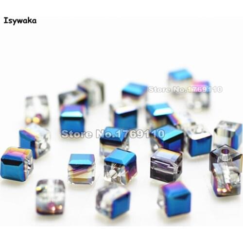 Isywaka 100pcs Cube 4mm Half Blue Color Square Austria Crystal Beads Glass Beads Loose Spacer Bead for DIY Jewelry Making