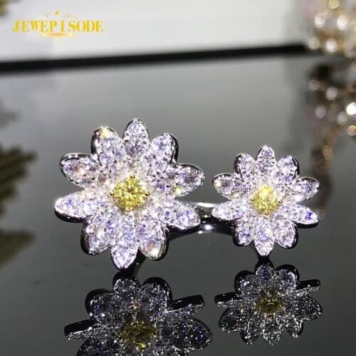 Jewepisode Luxury Cute Flower Shape Open Rings for Women Real 925 Sterling Silver Citrine Diamond Wedding Bands Engagement Ring