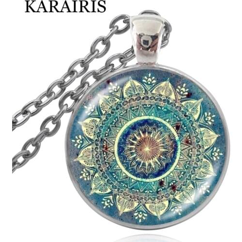 KARAIRIS New Vintage Om Indian Yoga Mandala Necklace Glass Dome Necklace Buddhist Chakra Glass Bullion Pendant Neutral Jewelry