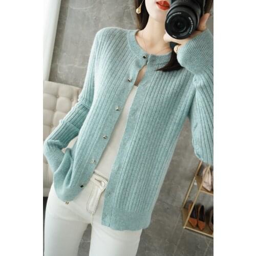 Cashmere Cardigan Womens Winter 2021 New 100% Wool Round Neck Sweater Casual Knitwear Plus Size Pure Color Slim Ladies Top hot