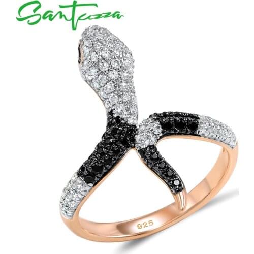 SANTUZZA Silver Ring For Women 925 Sterling Silver Rose Gold Color Snake Black Spinel Cubic Zirconia кольца Party Fine Jewelry