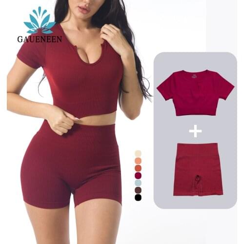 GAUENEEN Seamless Yoga Set Women Ribbed Knitting Gym Wear Workout Clothes U Neck Short Sleeve Crop Top Running Shorts Tracksuit