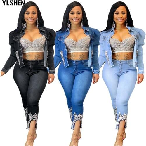 Two 2 Piece Set African Clothes Africa 2021 Dashiki Fashion Denim Dresses Suit Bazin Top Pants Elastic Party Plus Size Clothing