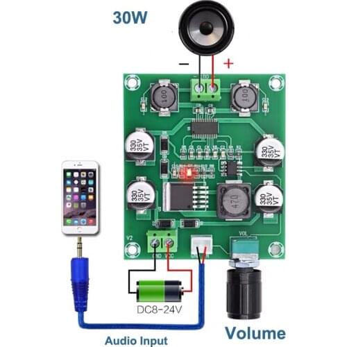 30W Mini Digital Amplifier Board Mono Class D Single Channel Amp amplificador XL6019E1 Automatic boosting to 24V