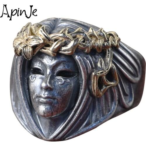 Apinje Queen Ring Real Solid 925 Silver Rings for Men Saint Angel Portrait Vintage Jewelry Size 7 to 11