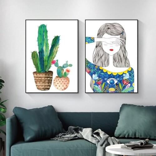 Nordic canvas painting cactus and fashion girl wall art posters print for living room bed room wall decoration no frame