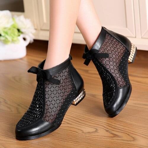 QWEDF Fashion Rhinestones Bow Gauze Sandals Summer New Mesn Boots Real Leather Womens Shoes Hollow Boots Large Size 35-43 SQ-07