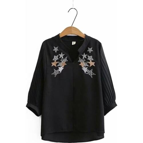 Plus size stand V neck collar embroidery women loose blouse 2020 new summer Three Quarter sleeve shirts female tops