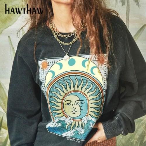 HAWTHAW women autumn long sleeve printed black hoodie pullover tops streetwear 2021 fall clothes wholesale items dropshipping