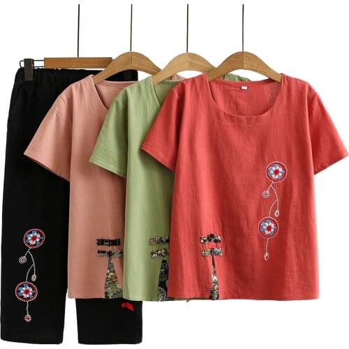2021 Summer Fashion New Plus Size Women Clothing Round Neck Embroidered Top + Casual Pants Cotton And Lin Two-Piece Suit Trendy