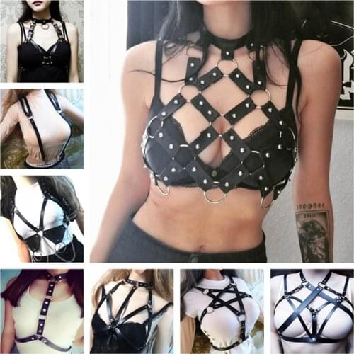 Women Sexy Punk Nightclub Halterneck Choker Gothic Bustier Corset Sculpting Chest Waist Belt Leather Harness Body Bondage Cage