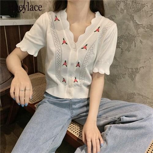 2021 Summer White Sweet Girl Embroidered Single-Breasted Knitted Cardigan Tops Women Knitted Sweater