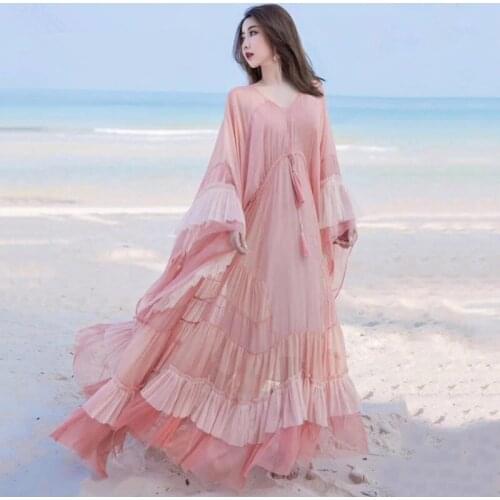 New Summer Runway Women Bohemian Mesh Big Swing Long Dress Sexy V-Neck Batwing Sleeve Ruffles Elegant Vacation Beach Dresses