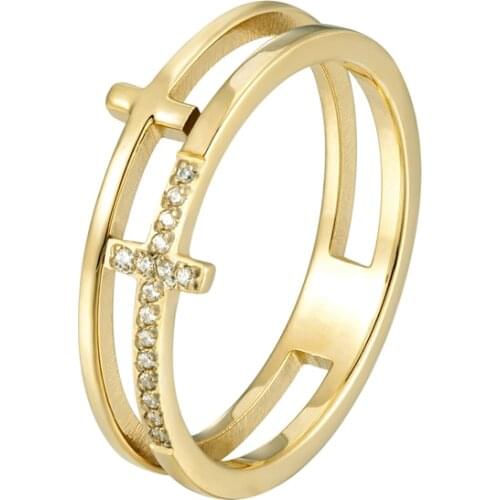 Beautiful Double Cross Inlaid Zircon Fashion Ring For Women Titanium Steel Gold Color Jewelry Love Ring Gift