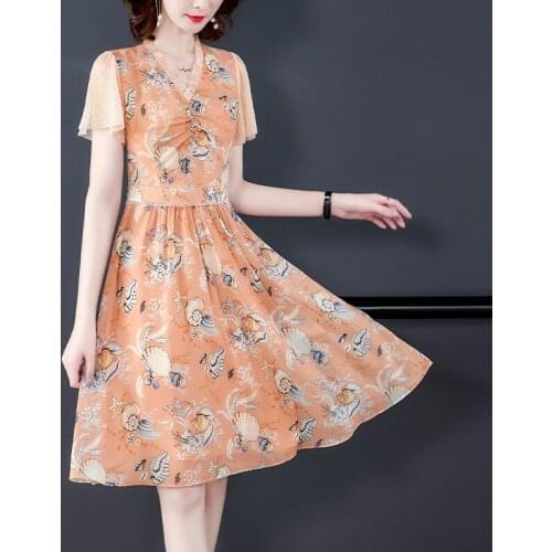 French Style Women V-Neck Printed Slim Chiffon Dress 2021 Summer Elegant Short Sleeve Mid-Length New Lady Style Chiffon Dress