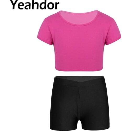 2Pcs Childrens Ballet Suit Short Sleeves T Shirt Crop Top Shorts Girls Dancewear Kids Gymnastics Workout Fitness Sport Sets