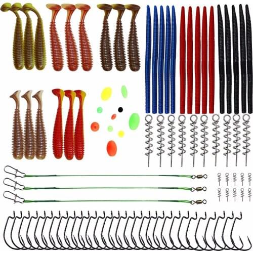 83PCS/Set Fishing Lures Baits Kit Soft Plastic Lures Rubber Worms Spring Twist Lock Fishing Beads Fishing Accessories