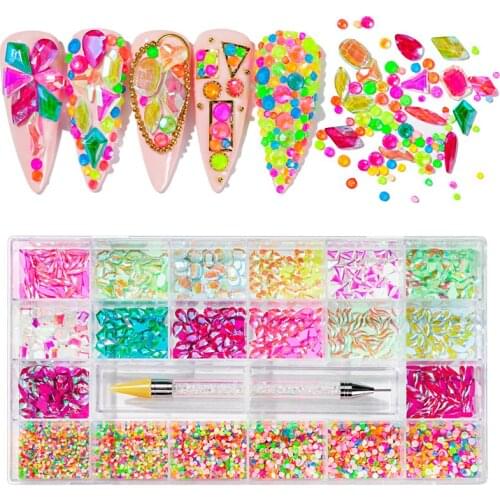 Over 8000pcs Neon Crystal Flat-back Rhinestones With Dotting Pens Pick Up Rhinestones Pens Mix Colors Nail Rhinestones Kits /Box