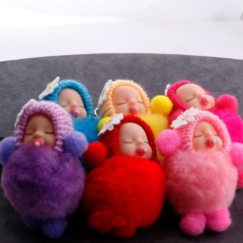Baby Doll Toy DropshipCute Sleeping Baby Doll Key Chains For Women Bag Toy Key Ring Fluffy Pom pom Faux Fur Plush Keychains