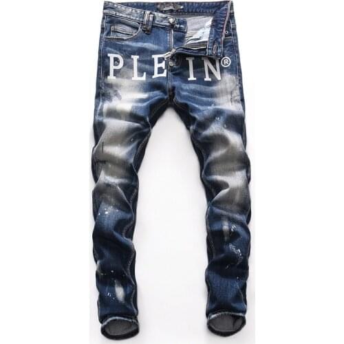 European Style Men Fashion Brand Blue Jeans Mens Slim Denim Trousers plein Skulls Jeans Straight Stretch Jeans Pants for Men
