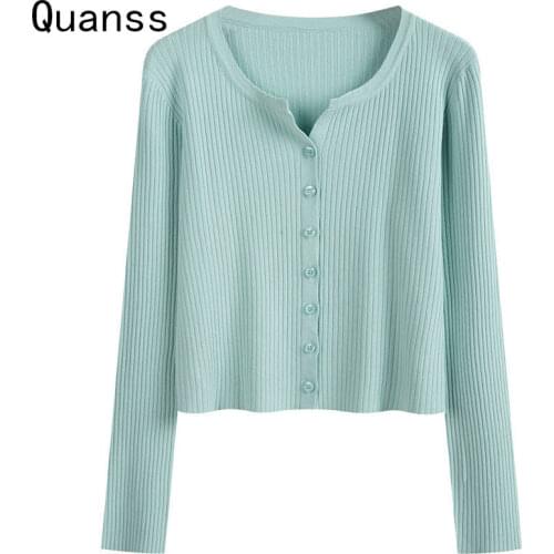 Quanss Spring Autumn Sweet Women Cardigan V Neck Casual Knitted Sweater Korean Fashion Summer Long Sleeve Thin Knitwear Outwear