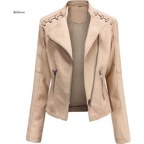 Turn-Down Collar Pu Faux Leather Jackets Women Luxury Jacket Black Pink Red Biker Coat