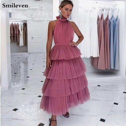 Smileven Halter Prom Gowns Tiered A Line Puff Tulle Long Formal Evening Dress Ankle Length Prom Party Dresses Custom Made