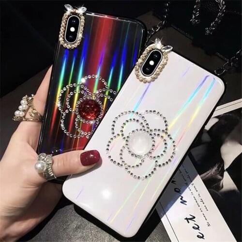 Fashion Diamond Rhinestone Camellia Flower Laser Hard Back Case Cover For Iphone 11 Pro XS Max X XR 8 7 6 6S Plus SE Bling Case