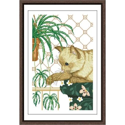 Spider plant kitten cross stitch kit cat flower 18ct 14ct 11ct unprint canvas cotton thread counted needlework thread embroidery