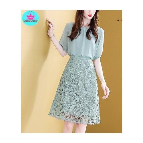 2019 new popular summer waist slimming temperament ageing stitching chiffon dress female Knee-Length Zippers