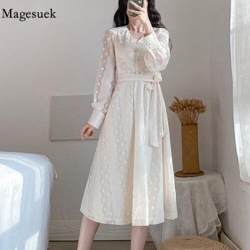 New V-neck A-line High Waist Dress Women Spring Vintage Lace Sashes Midi Dress Summer Long Sleeve Dresses Female Vestido 12919