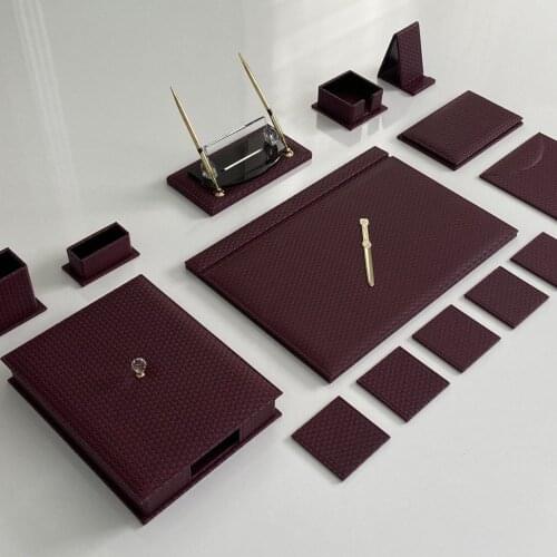 Office Desk Pad Burgundy Plaid Modern Design Nameplate, Phone Holder Document Organizer, Coasters, Ballpoint & Fountain Pen