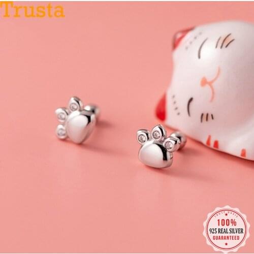 Trustdavis Real 925 Sterling Silver Fashion Sweet Cats Paw CZ Screw Stud Earrings For Women Wedding Party Fine Jewelry DB1138