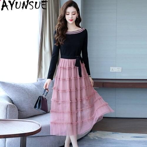 Spring Autumn Kintted Dress Women Clothes 2020 Ladies Dresses Vintage Korean Black Mesh Dress Women Long Dress Vestidos MY2420