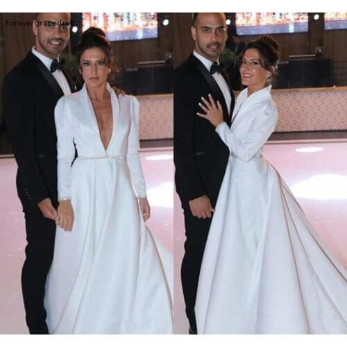 Amazing Deep V Neck Wedding Dresses A Line Long Sleeves Beaded Formal Bridal Gowns Tailor Made Plus Size Available