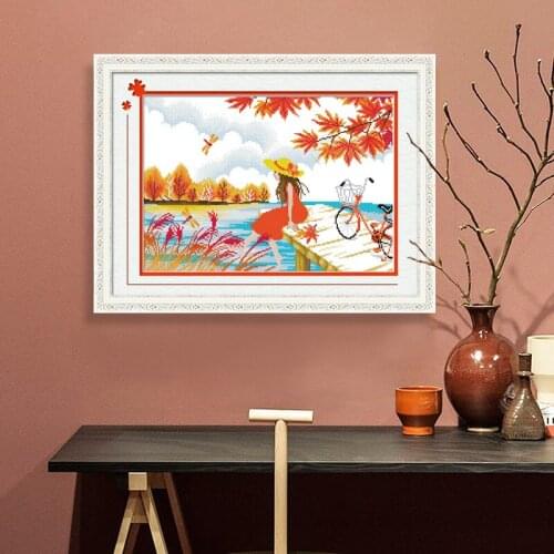 Вышивка крестиком набор Autumn maple bicycle and girl Cross-stitch 11ct Aida fabric water-soluble canvas